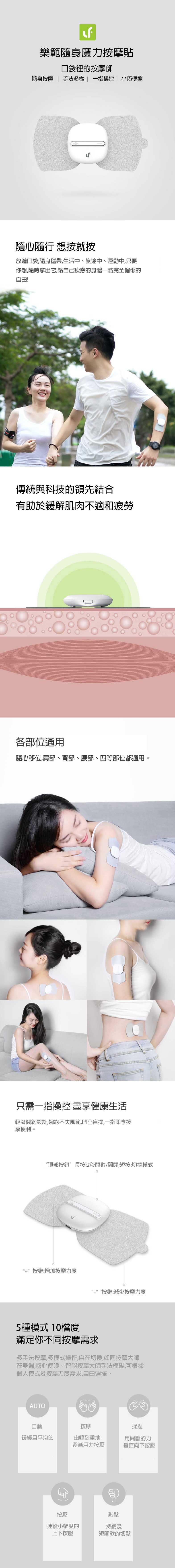 樂範隨身魔力按摩貼口袋裡的按摩師隨身按摩 手法多樣一指操控 小巧便攜隨心隨行 想按就按放進口袋隨身攜帶生活中、旅途中、運動中,只要你想,隨時拿出它,給自己疲憊的身體一點完全偷懶的自由!傳統與科技的領先結合有助於緩解肌肉不適和疲勞各部位通用隨心移位,肩部、背部、腰部、四等部位都適用。只需一指操控 盡享健康生活輕奢簡約設計,婉約不失風範,凹凸盲操,一指即享按摩便利。“頂部按鈕”長按:2秒開啟/關閉短按:切換模式“+”按鍵:增加按摩力度按鍵:減少按摩力度5種模式 10檔度滿足你不同按摩需求多手法按摩,多模式操作,自在切換,如同按摩大師在身邊,隨心使喚。智能按摩大師手法模擬,可根據個人模式及按摩力度需求,自由選擇。AUTO自動緩緩且平均的按摩由輕到重地逐漸用力按壓揉捏用間斷的力垂直向下按壓按壓連續小幅度的上下按壓敲擊持續及短間歇的切擊