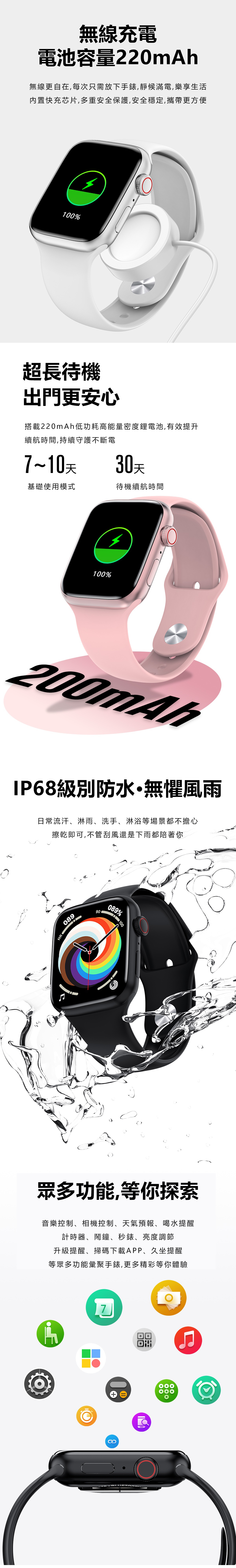 無線充電電池容量220mAh無線更自在,每次只需放下手錶,靜候滿電,樂享生活内置快充芯片,多重安全保護,安全穩定,攜帶更方便100%超長待機出門更安心搭載220mAh低功耗高能量密度鋰電池,有效提升續航時間,持續守護不斷電7~10天0天基礎使用模式待機續航時間100%200mAhIP68級別防水無懼風雨日常流汗淋雨、洗手、淋浴等場景都不擔心擦乾即可,不管刮風還是下雨都陪著你HR08990089% 100眾多功能等你探索音樂控制、相機控制、天氣預報、喝水提醒計時器、鬧鐘、秒錶、亮度調節升級提醒、掃碼下載APP、久坐提醒等眾多功能彙聚手錶,更多精彩等你體驗3
