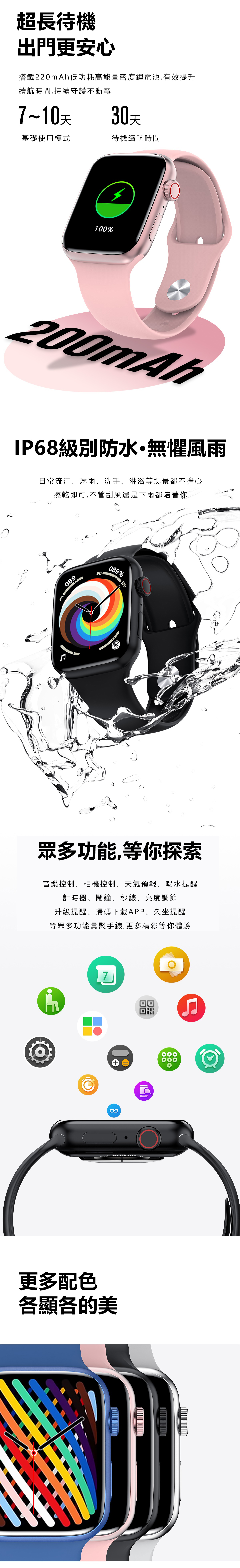 超長待機出門更安心搭載220mAh低功耗高能量密度鋰電池,有效提升續航時間,持續守護不斷電7~10天30天基礎使用模式待機續航時間1%200mAhIP68級別防水無懼風雨日常流汗、淋雨、洗手、淋浴等場景都不擔心擦乾即可,不管刮風還是下雨都陪著你HR08990089% 100眾多功能,等你探索音樂控制、相機控制、天氣預報、喝水提醒計時器、鬧鐘、秒錶、亮度調節升級提醒、掃碼下載APP、久坐提醒等眾多功能彙聚手錶,更多精彩等你體驗+回更多配色各顯各的美00