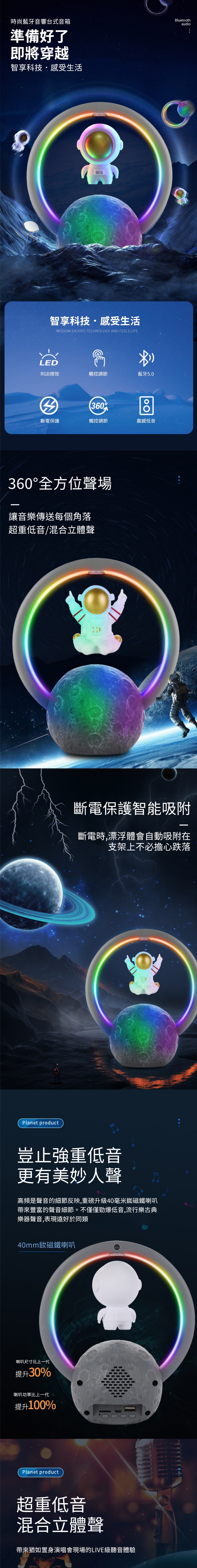 時尚藍牙音響台式音箱準備好了即將穿越智享科技感受生活Bluetoothaudio智享科技感受生活WISDO ENJOYS TEHNOLOGY AND FEELS LIFELEDRGB燈效觸控調節藍牙5.03608斷電保護觸控調節震撼低音360°全方位聲場讓音樂傳送每個角落超重低音混合立體聲Planet product斷電保護智能吸附斷電時,漂浮體會自動吸附在支架上不必擔心跌落豈止強重低音更有美妙人聲高頻是聲音的細節反映,重磅升級40毫米銣磁鐵喇叭帶來豐富的聲音細節。不僅僅勁爆低音,流行樂古典樂器聲音,表現遠好於同類40mm釹磁鐵喇叭喇叭尺寸比上一代提升30%喇叭功率比上一代提升100%Planet productC/M超重低音混合立體聲帶來猶如置身演唱會現場的LIVE級聽音體驗