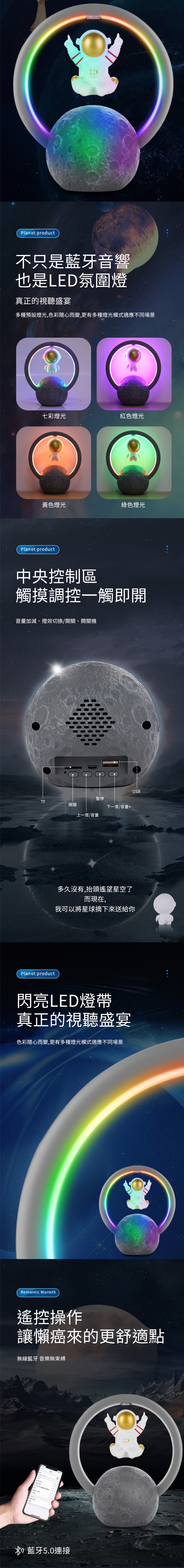 Planet product不只是藍牙音響也是LED氛圍燈真正的視聽盛宴多種預設燈光,色彩隨心而變,更有多種燈光模式適應不同場景七彩燈光紅色燈光黃色燈光綠色燈光Planet product中央控制區觸摸調控一觸即開音量加減、燈效切換/開關、開關機USBTFDC 5VM暫停TF開關下一首/音量+上一首/音量Planet product多久沒有,抬頭遙望星空了而現在,我可以將星球摘下來送給你閃亮LED燈帶真正的視聽盛宴色彩隨心而變,更有多種燈光模式適應不同場景Romantic WarmthUSB遙控操作讓懶癌來的更舒適點無線藍牙音樂無束縛藍牙5.0連接