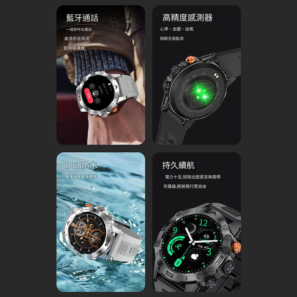 藍牙通話一碰即呼出電話高清原音再現如現場溝通高精度感測器心率、血壓、血氧睡眠全面監測 IP68防水持久續航更多場景更多選擇電力十足,短程出遊甚至無需帶充電器,輕裝簡行更自由912  TU