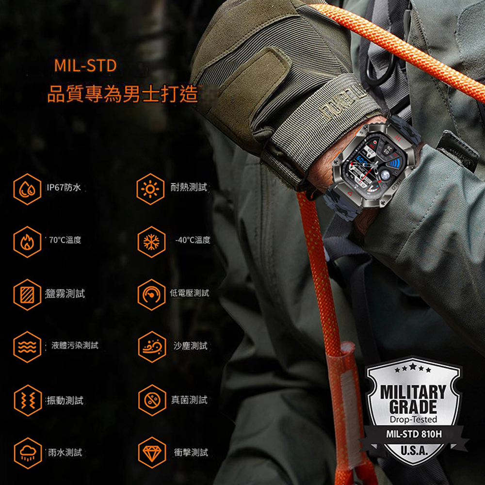 MIL-STD品質專為男士打造IP67防水耐熱測試70C溫度-40溫度鹽霧測試低電壓測試液體污染測試沙塵測試振動測試真菌測試雨水測試衝擊測試MILITARYGRADEDrop-TestedMIL-STD 810HU.S.A.