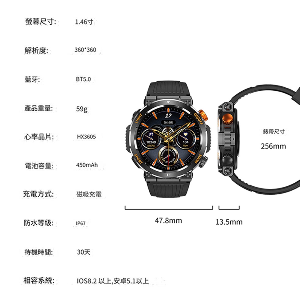螢幕尺寸:1.46寸解析度:360360蓝牙:BT5.0產品重量:59g心率晶片:HX3605電池容量:450mAh充電方式:磁吸充電防水等級:IP67待機時間:30天LIGHTSPORT10349STEPS相容系統: 以上,安卓5.1以上1204-06ON/OFF47.8mm13.5mm錶帶尺寸256mm