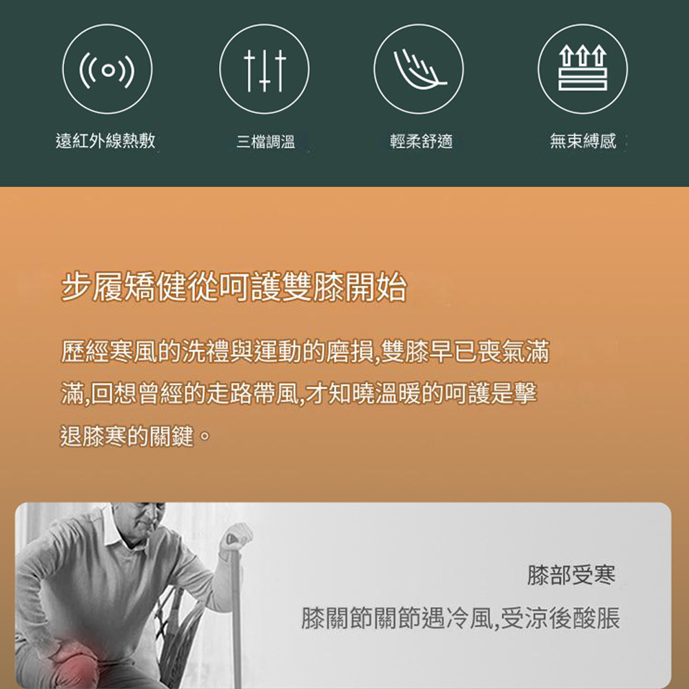 (遠紅外線熱敷三檔調溫輕柔舒適無束縛 步履矯健從呵護雙膝開始歷經寒風的洗禮與運動的磨損,雙膝早已喪氣滿滿,回想曾經的走路帶風,才知曉溫暖的呵護是擊退膝寒的關鍵。膝部受寒膝關節關節遇冷風,受涼後酸脹