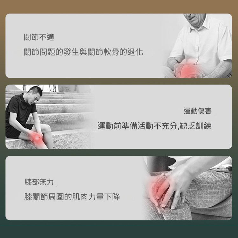 關節不適關節問題的發生與關節軟骨的退化運動傷害運動前準備活動不充分,缺乏訓練膝部無力膝關節周圍的肌肉力量下降
