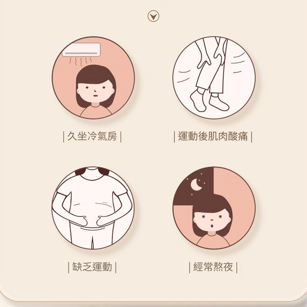 久坐冷氣房||運動後肌肉酸痛||缺乏運動 ||經常熬夜 |