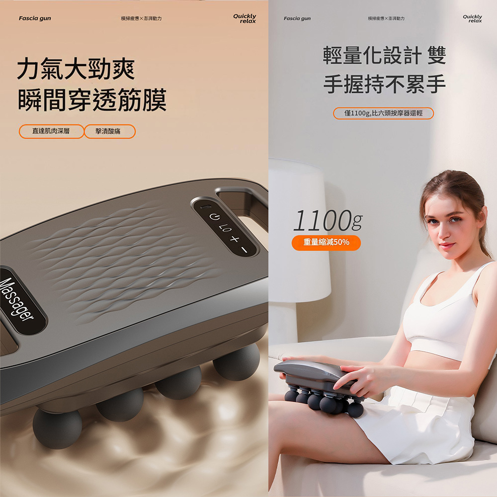橫掃澎湃動力QuicklyFascia gun橫掃澎湃動力relaxQuicklyrelax力氣大勁爽瞬間穿透筋膜直達肌肉深層擊潰酸痛Massager 輕量化設計雙手握持不累手僅1100g,比六頭按摩器還輕1100g重量縮減50%