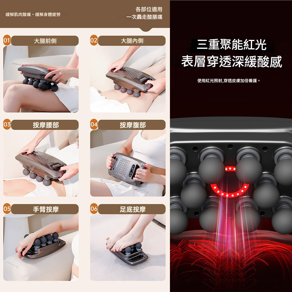 緩解肌肉酸痛緩解身體疲勞各部位適用一次轟走酸脹痛01大腿前側02大腿內側三重聚能紅光表層穿透深緩酸感03按摩腰部04按摩腹部05手臂按摩06足底按摩使用紅光照射,穿透皮膚加倍養護。