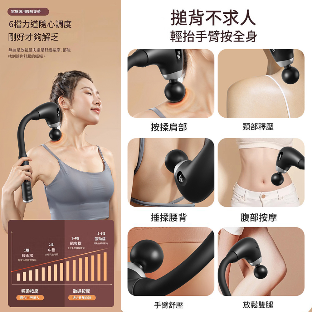 家庭選用釋放疲勞6力道隨心調度剛好才夠解乏搥背不求人輕抬手臂按全身無論是放鬆還是舒緩按摩,都能找到讓你舒服的振幅。3-45-6強勁檔酷爽檔運動後舒緩肌肉1檔輕柔檔中檔上班久坐排解乳酸堆積居家休息按摩放鬆按揉肩部頸部釋壓捶揉腰背腹部按摩輕柔按摩適合中老年人勁道按摩適合青年手臂舒壓放鬆雙腿