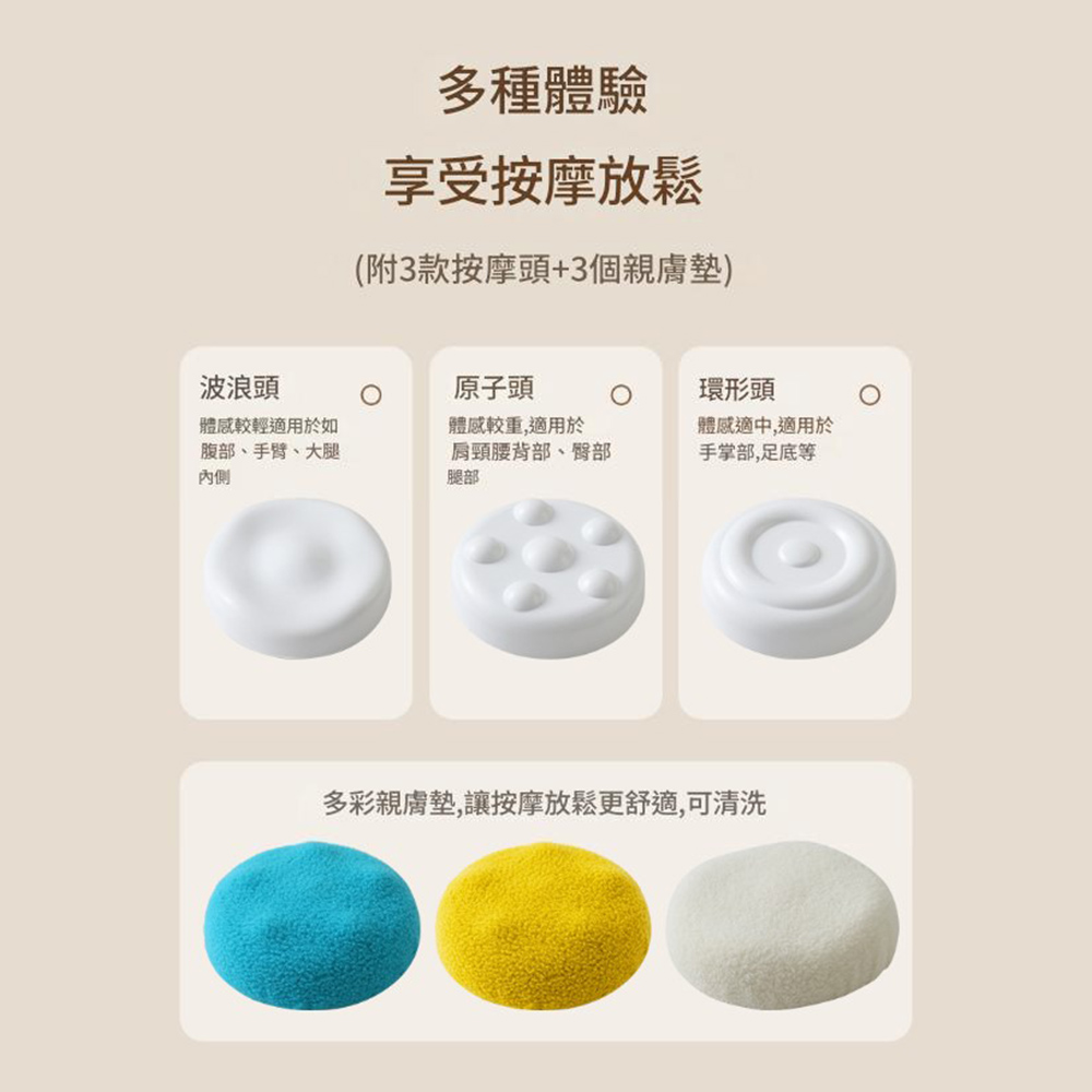 多種體驗享受按摩放鬆(附3款按摩頭+3個親膚)波浪頭原子頭體感較輕適用於如腹部、手臂、大腿內側體感較重,適用於肩頸腰背部、臀部腿部環形頭體感適中,適用於手掌部,足底等多彩親膚墊,讓按摩放鬆更舒適,可清洗