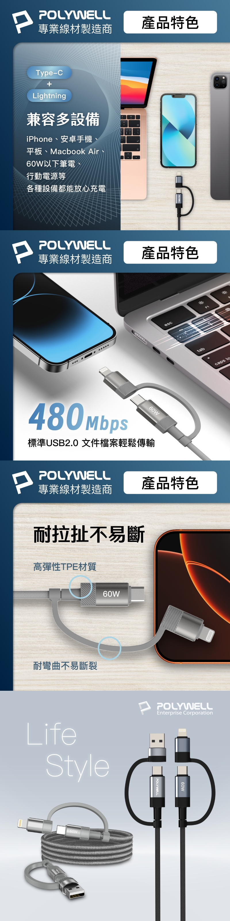 OLYWELL專業線材製造商產品特色Type-CLightning兼容多設備ihone安卓手機、平板、Macbook Air、60W以下筆電、行動電源等各種設備都能放心充電PPOLYWELL專業線材製造商產品特色esc480 Mbps60W標準USB2.0 文件檔案輕鬆傳輸POLYWELLP專業線材製造商產品特色耐拉扯不易斷高彈性TPE材質耐彎曲不易斷裂LifeStyle60W60WPOLYWELLEnterprise CorporationtabF1caps