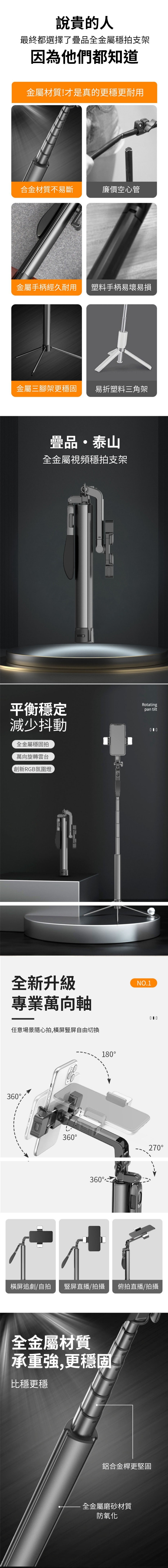 說貴的人最終都選擇了疊品全金屬穩拍支架因為他們都知道金屬材質!才是真的更穩更耐用合金材質不易斷廉價空心管金屬手柄經久耐用塑料手柄易壞易損金屬三腳架更穩固易折塑料三角架疊品泰山全金屬視頻穩拍支架平衡穩定Rotatingpan tilt減少抖動全金屬穩固拍萬向旋轉雲台創新RGB氛圍燈全新升級NO.1專業萬向軸任意場景隨心拍,屏豎屏自由切換360360360180270橫屏追劇自拍豎屏直播/拍攝 俯拍直播/拍攝全金屬材質承重強,更穩固比穩更穩鋁合金桿更堅固全金屬磨砂材質防氧化