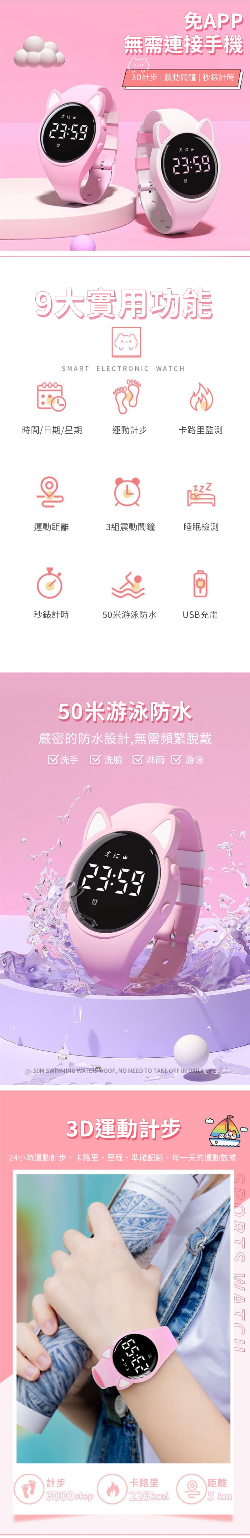 免APP無需連接手機3D  震動鬧鐘秒錶計時  3:59大實用功能SMART ELECTRONIC WATCH時間日期/星期運動計步卡路里L運動距離3組震動鬧鐘睡眠檢測秒錶計時50米游泳防水USB充電50米游泳防水嚴密的防水設計,無需頻繁脫戴 洗手    淋雨  游泳50M SWIMMING WATERPROOF, NO NEED TO TAKE OFF IN DAILY LIFE/3D運動計步 224小時運動計步、卡路里、里程、準確記錄、每一天的運動數據CORMORANT    計步|卡路里3000 stepSPORTS WATCH\距離5 km